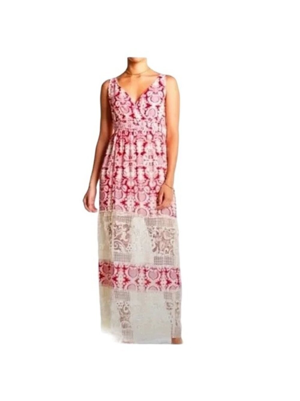 Anthropologie Sunday in Brooklyn Red Damask Print Crochet Maxi Dress